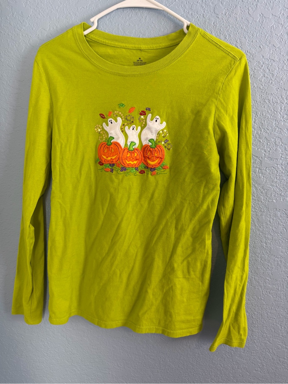 Vintage Long Sleeve Halloween Ghost & Pumpkin Tee Lime Green